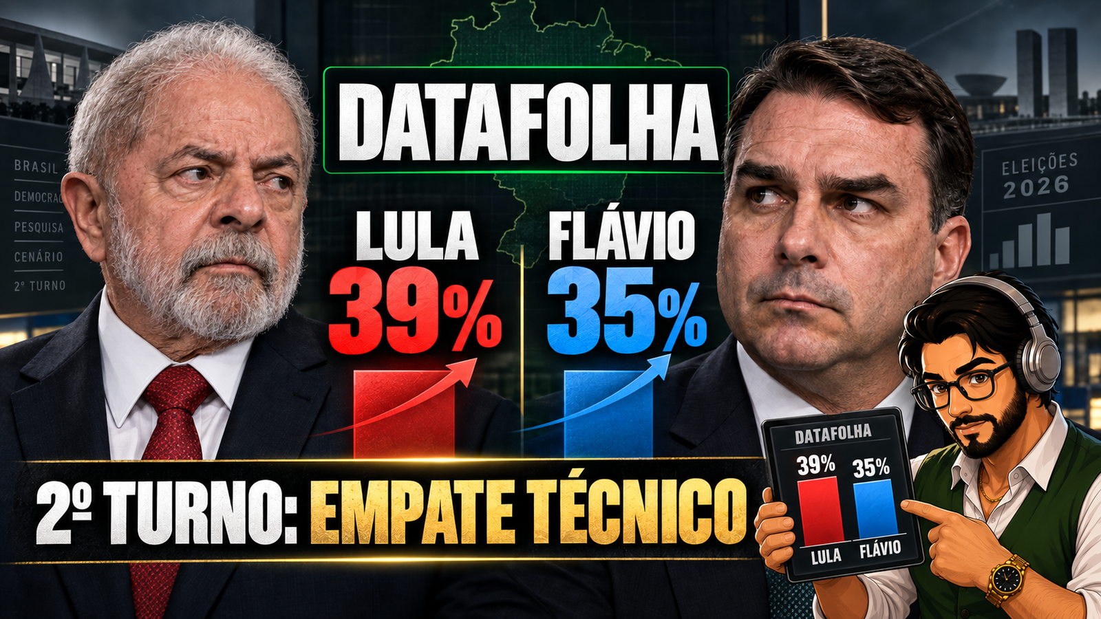 Datafolha: Lula tem 39%, Flávio Bolsonaro 35% e disputa segue acirrada