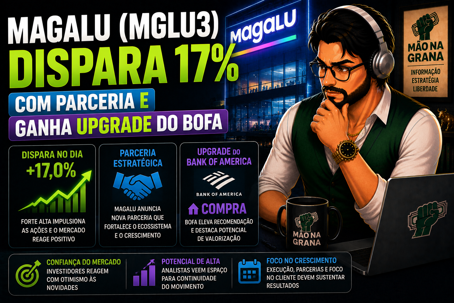 Magalu (MGLU3) Dispara 17% com Parceria com Mercado Livre e Ganha Duplo Upgrade do BofA